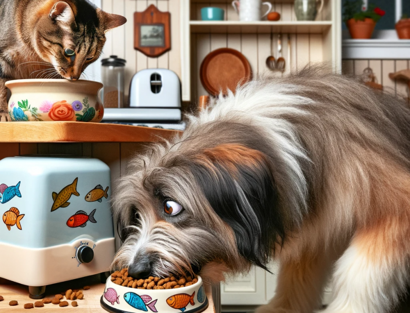A dog happily eating from the cat bowl